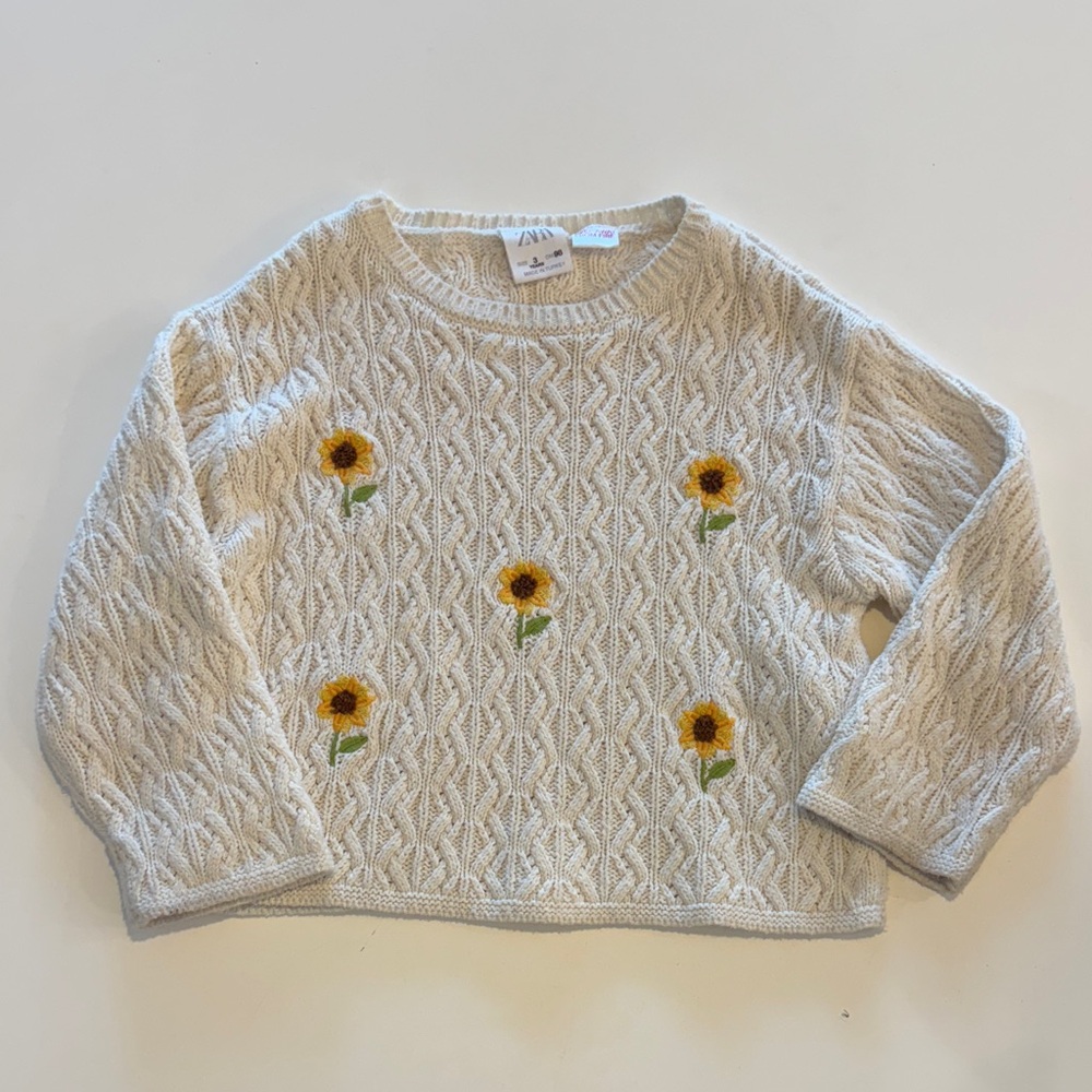 Zara Girls 3t Cream Sweater with Sunflower Embroidery